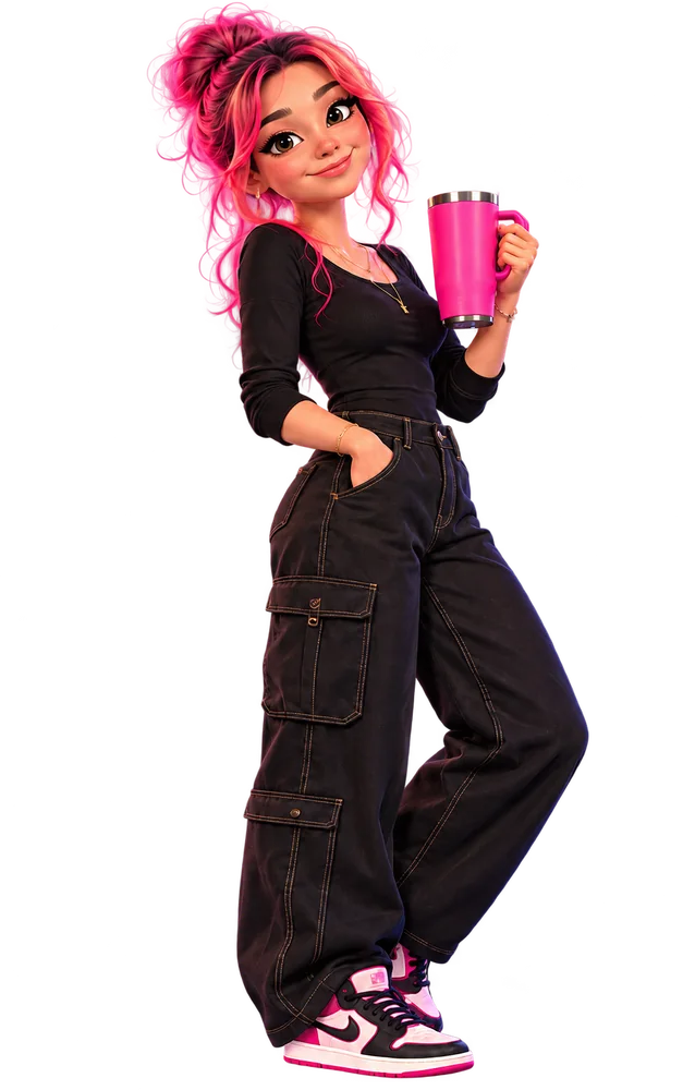 Valeria, admin and sales, holding a pink cup